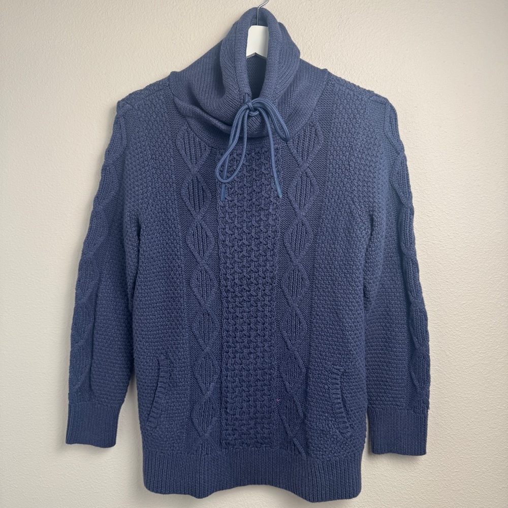 LL Bean Signature Sweater Women L Blue Cotton Funnel Neck Chunky Pocket Tunic - Picture 8 of 13
